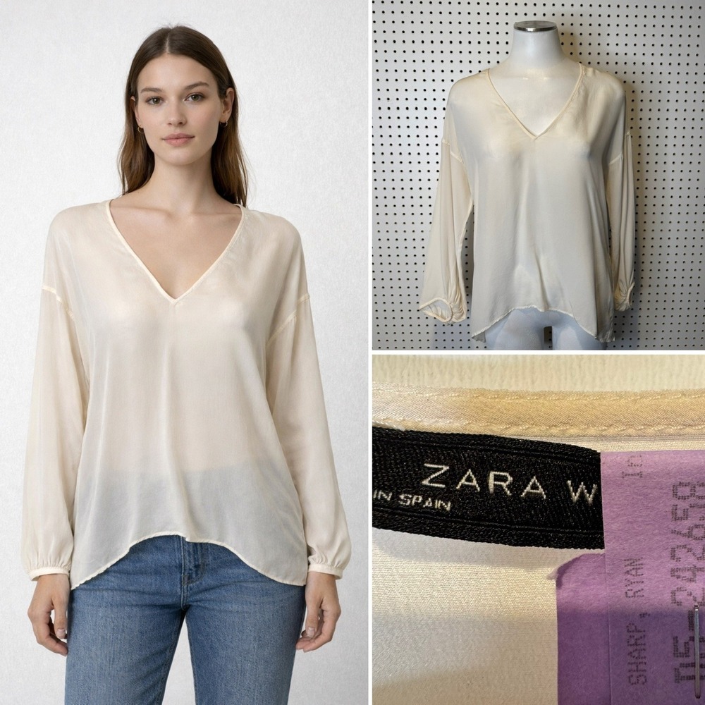 ZARA | Sheer V-Neck Long Sleeve Silk‎ Blouse Cream Size Small